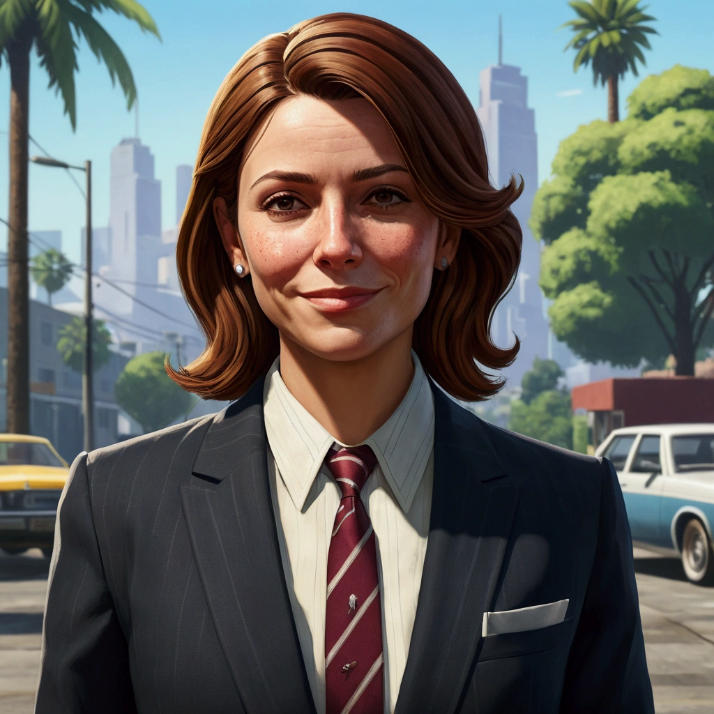 Woman, rico, chestnut hair, 30years, Grieving, full character, Barba, illustration, Surrealism, GTAV, millionaire, glad, Suit, BUSINESSMAN, happy, ssmile