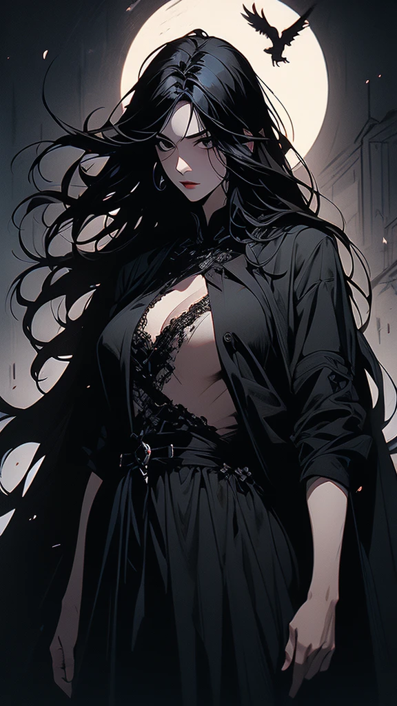 masterpiece,best quality,ultra-detailed,2girl,solo,crow,upper body,dark style,black hair,black clothes,standing,horror theme, nude