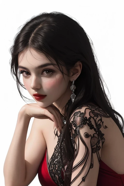 Close-up photo of a glass woman, details Intricate, White background, transparent body, Visible veins, wires, highy detailed, head, trunk, Breathtaking, sharp focus, Glass art, red and black, details Intricate, terrible, most beautiful form of chaos, Bblack hair, outfit, sitting