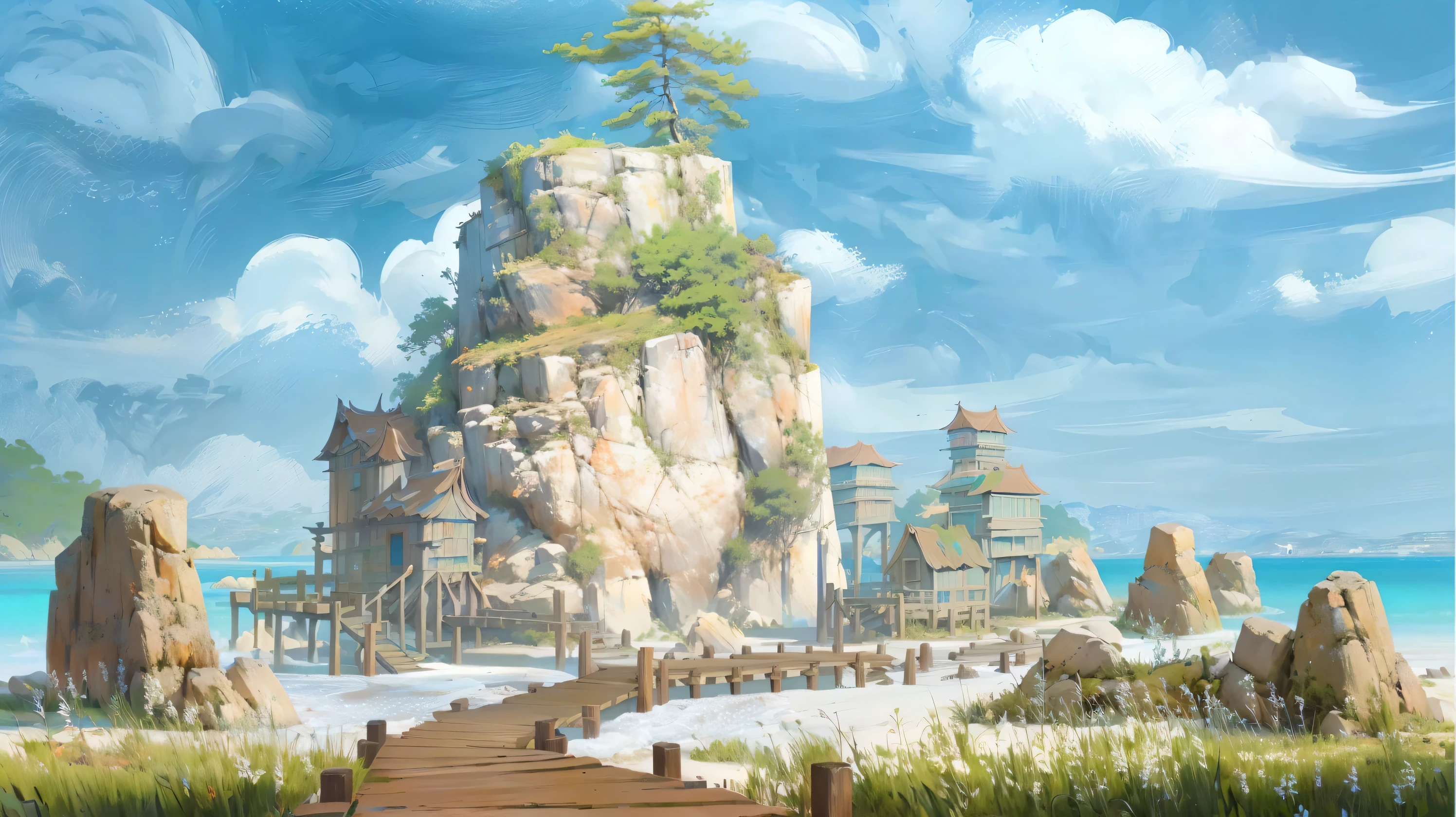 Drawing of an island with a bridge and a beach, Draw in the form of game Concept Art, Digital concept art, Concept Art Very Detailed, Stylized Concept Art, environment design illustration, Concept Art, Landscape game concept art, Concept Art Rendering, concept art illustration, Environmental concept art, Detailed concept art, Detailed 4k Concept Art, Concept Art