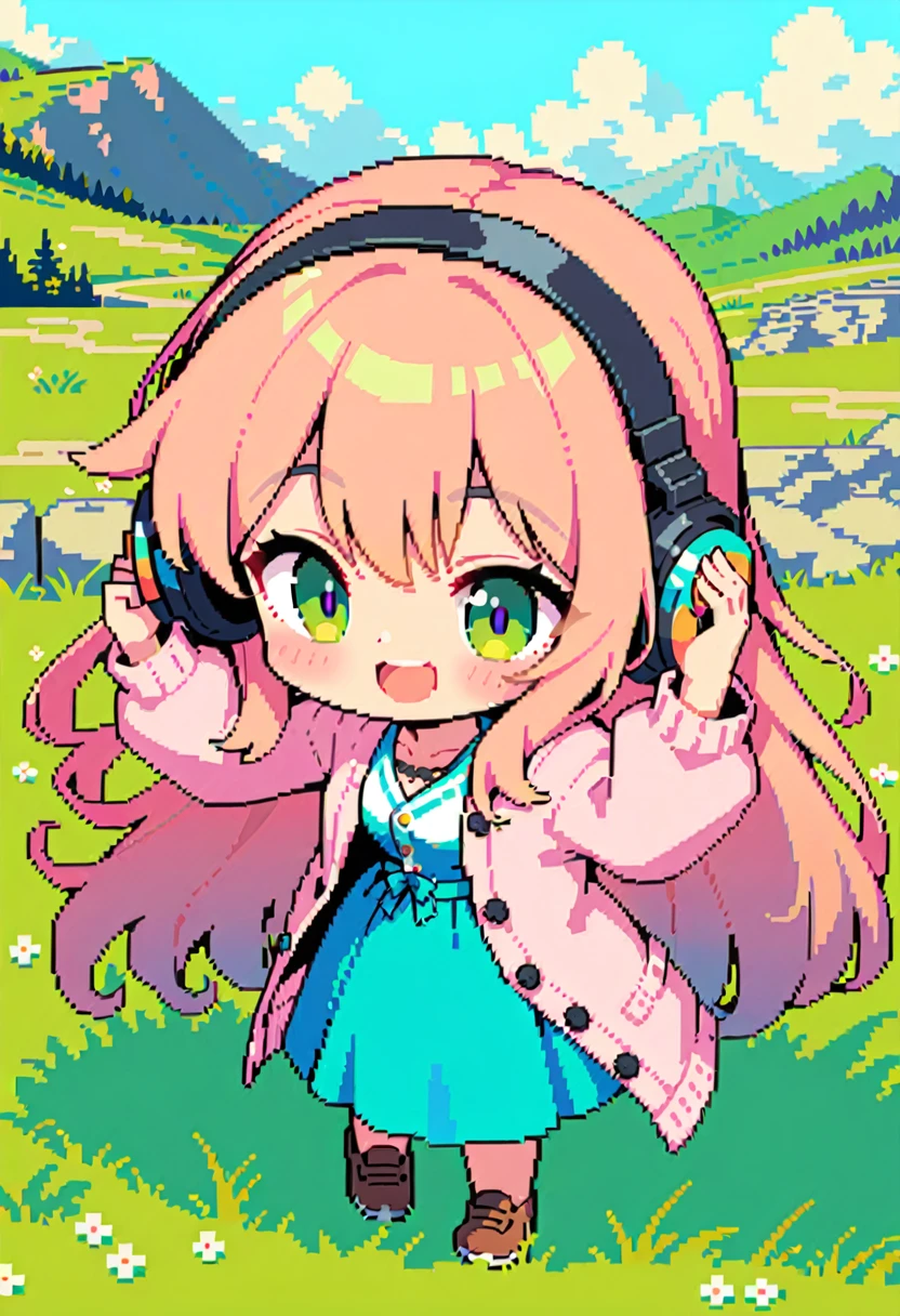 masterpiece, Highest quality, 8k, Pixel art, Pixel art, Vivid, woman, 若いwoman, smile, cute, Directed at an angle, Open your mouth, Fluffy hair, Long Hair, sheepの毛のような髪, Pink Hair, eyebrow, 太いeyebrow, one piece, Pink clothes, Long skirt, Spread your wings, cardigan, 水色のcardigan, shoes, 茶色いshoes, grassland, ((sheep, もこもこのsheep, 大きいsheep, sheepの背に女の子が乗っている)), sheepの群れ