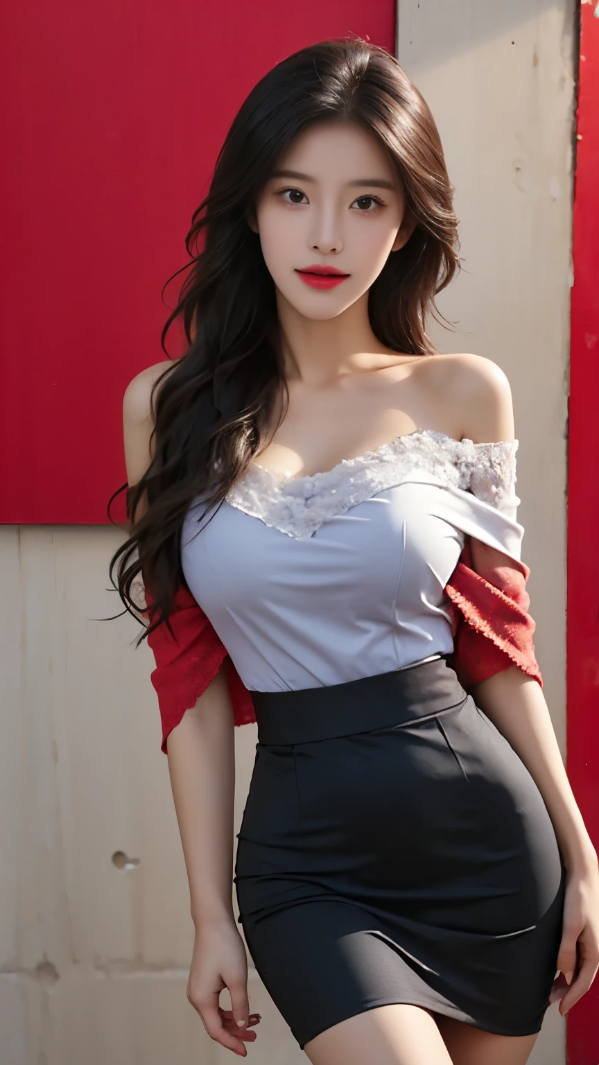 A perfect young female white-collar worker,Chinese big breasts,High picture quality,Works of masters,Black hair,Long hair shawl,Long hair flowing over the shoulders,Beach wave hairstyle,cropped shoulders,clavicle,exquisite face,Hydrated red lips,((Wear colorful and stylish summer sailor suits))(red colour,blue colors,green color,Violet-orange,In pink,amarelo,Printed clothing),Kurfo,,Colorful pleated skirt,Shadow lace skirt,Sparkling gemstone dress,Lightning astral dress,lumnious,white stockings,Lace material,Silk clothing,Real Human,White interior wall background,CG rendering,16k,Stand up,Empty interior,Do not show your hands,Close-up shot