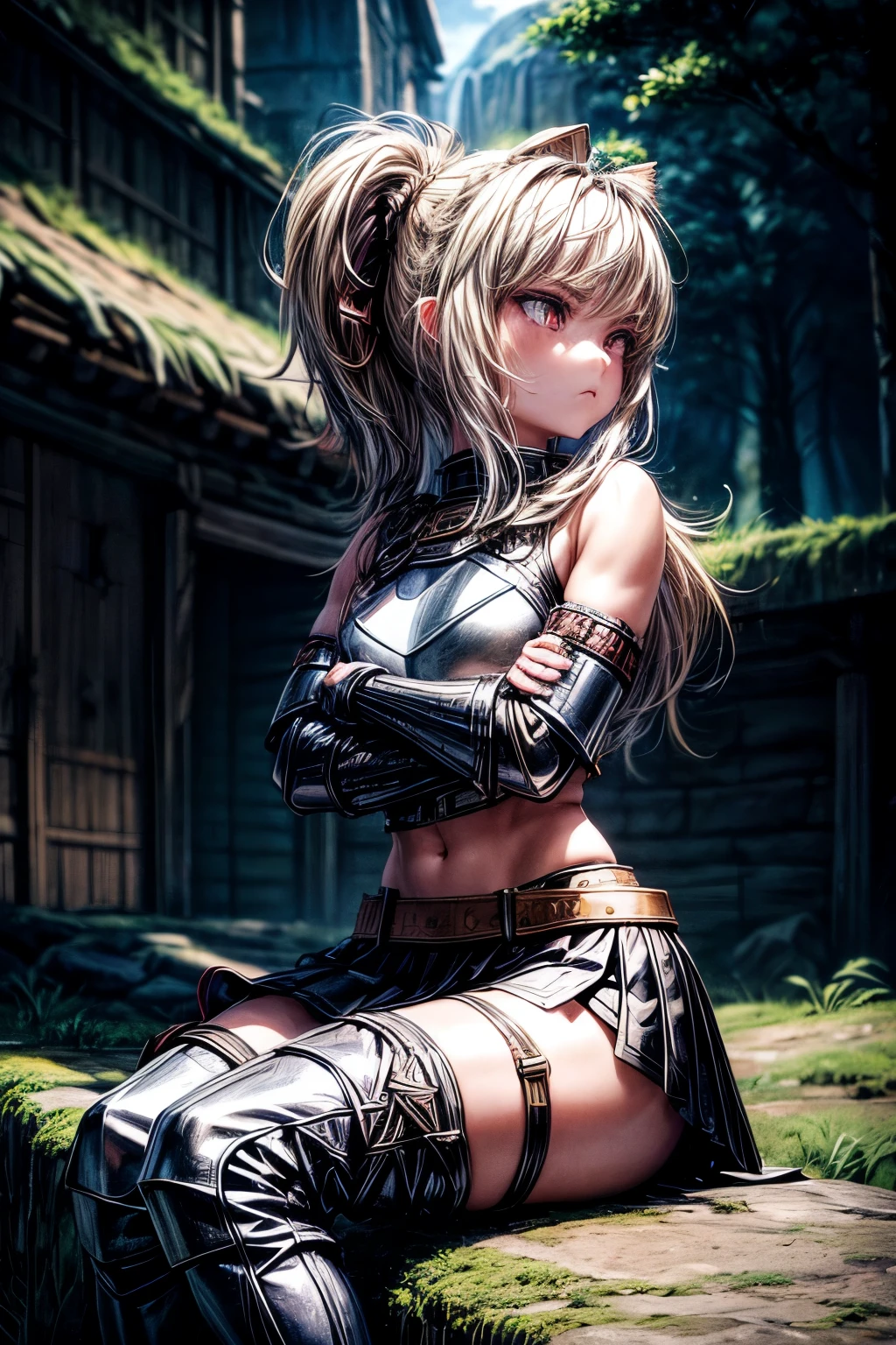 a girl, wearing armor, shoulder armor, mitts, blonde, long and tangled hair, crossed arms, sitting on a rock, leather mini skirt, dressed like an Amazon warrior, background medieval village, cat ears on head, angry expression on the face, beautiful athletic body, (big eyes 80s anime style), long thigh-high boots, profile posing