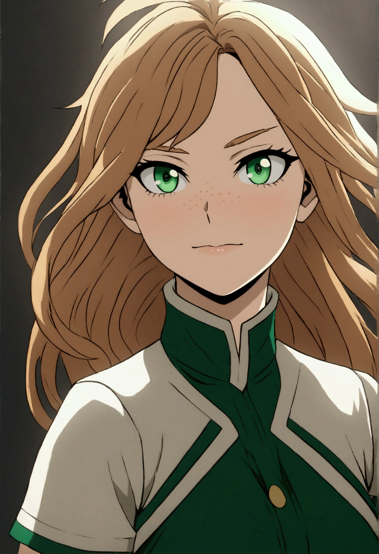 She is a , she has slightly disheveled long ginger hair, light brown eyes, with some freckles on the nose area  , fit body , anime art slyle my hero academy , (Lookingat the Viewer), sexy face , she is dressed in the anime female uniform "my hero academia", , 8k, high quality, masterpiece, , cinematic, vivid colors, shining green eyes