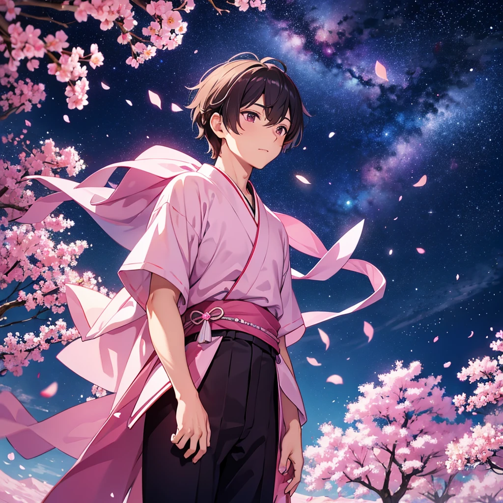 Sky background with sakura petals, space fantasy landscape in dark pink tones. Clothes are traditional Japanese festival or something like formal for a ball.. Guy in the foreground.