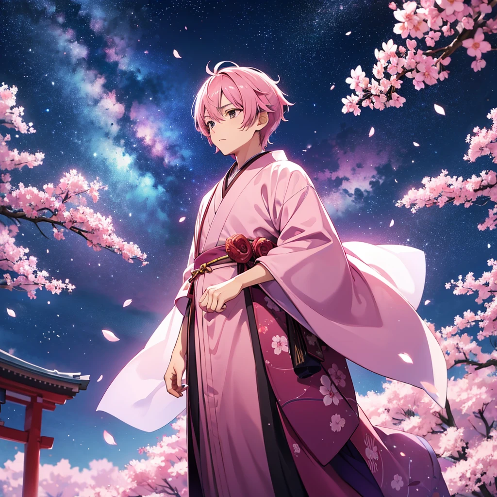 Sky background with sakura petals, space fantasy landscape in dark pink tones. Clothes are traditional Japanese festival or something like formal for a ball.. Guy in the foreground.