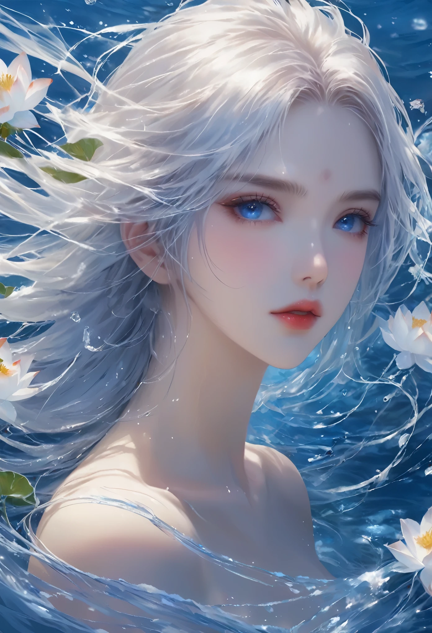 Seven part photos, masterpiece, best quality, Official Art, Extremely detailed CG 8k wallpaper,(Flying petals)(Detailed ice) , water晶质感皮肤, Cold expression, White hair, Long hair, Messy hair, blue eyes, Looking at the audience, Extremely refined, water, ((Beautiful and delicate eyes)), Very detailed, light,((Pretty Face),fine water surface, (Original figure painting), Very detailedSeven part photos, masterpiece, best quality, Official Art, Extremely detailed CG 8k wallpaper,(Flying petals)(Detailed ice) , water晶质感皮肤, Cold expression, White hair, Long hair, Messy hair, blue eyes, Looking at the audience, Extremely refined, water, ((Beautiful and delicate eyes)), Very detailed, light,((Pretty Face),fine water surface, (Original figure painting), Very detailed, Very detailed, (Extremely refined), Beautiful and delicate eyes,