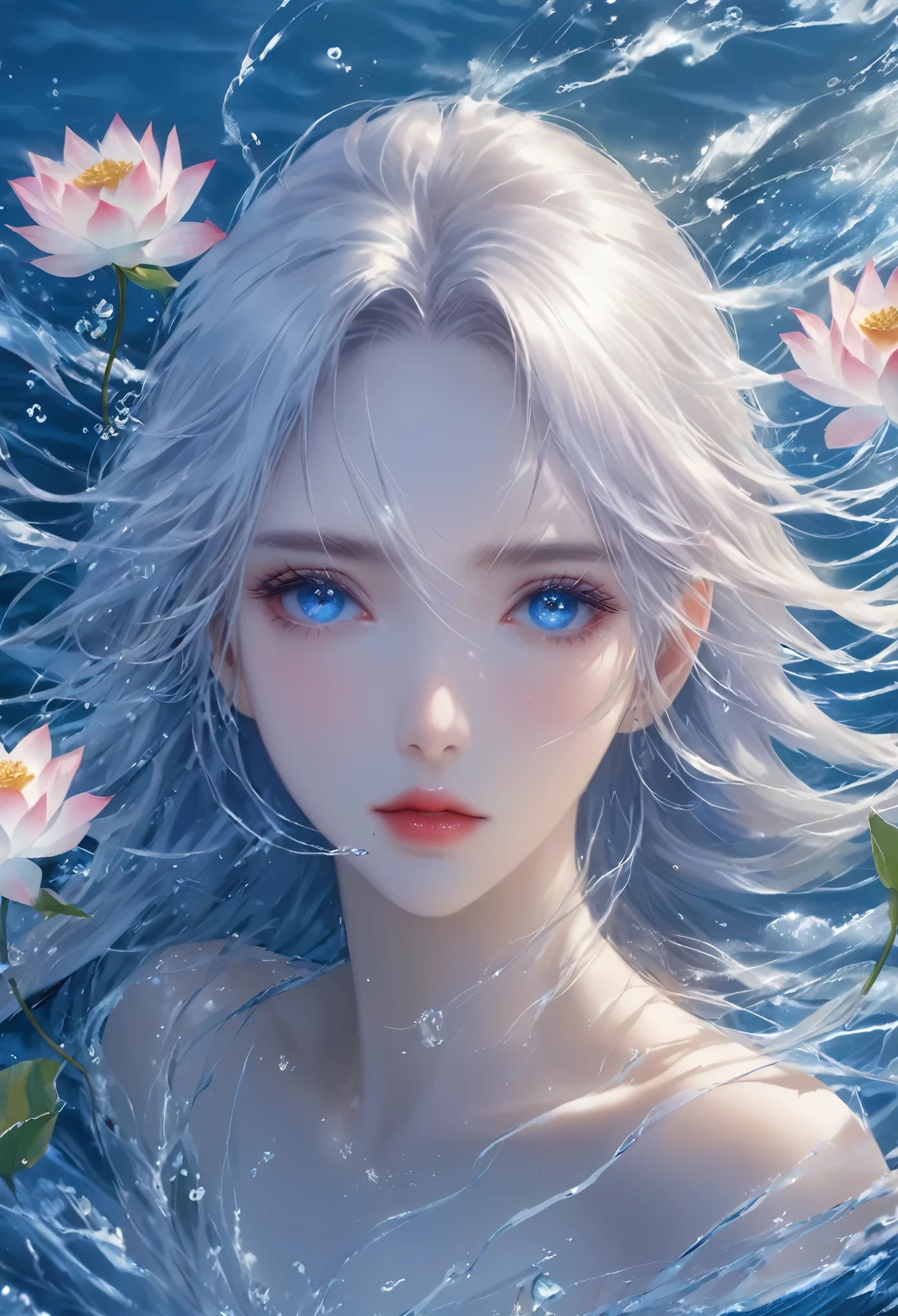 Seven part photos, masterpiece, best quality, Official Art, Extremely detailed CG 8k wallpaper,(Flying petals)(Detailed ice) , water晶质感皮肤, Cold expression, White hair, Long hair, Messy hair, blue eyes, Looking at the audience, Extremely refined, water, ((Beautiful and delicate eyes)), Very detailed, light,((Pretty Face),fine water surface, (Original figure painting), Very detailedSeven part photos, masterpiece, best quality, Official Art, Extremely detailed CG 8k wallpaper,(Flying petals)(Detailed ice) , water晶质感皮肤, Cold expression, White hair, Long hair, Messy hair, blue eyes, Looking at the audience, Extremely refined, water, ((Beautiful and delicate eyes)), Very detailed, light,((Pretty Face),fine water surface, (Original figure painting), Very detailed, Very detailed, (Extremely refined), Beautiful and delicate eyes,