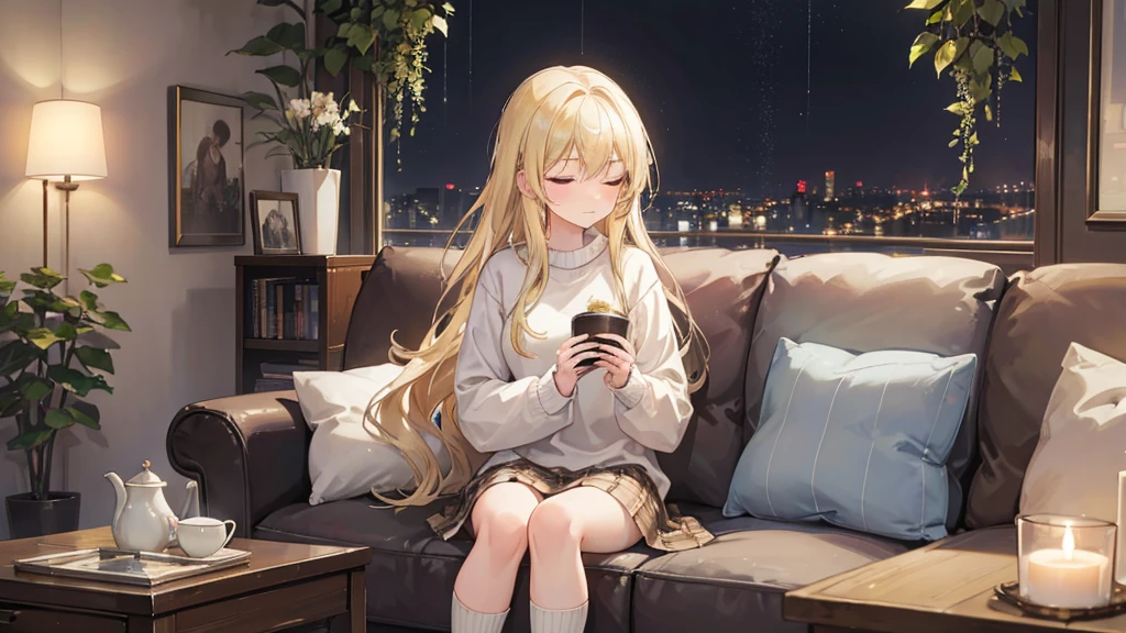 “A tranquil scene featuring a young woman with long, straight blonde hair, wearing a soft flannel shirt and woolen socks. She sits on a plush sofa in a cozy living room, surrounded by plants and soft cushions. She’s holding a steaming cup of herbal tea, her eyes closed, enjoying the warmth. Outside, rain falls steadily, creating a blurred backdrop of the city’s lights. A string of fairy lights adds a gentle glow to the room, making the scene feel warm and inviting, perfect for a quiet evening.”