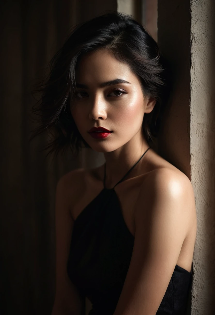 woman bathed in soft light, leaning against a wall, looking into the camera in a moment of raw emotion. Her attire is minimal, accentuating her beauty with the dramatic shadows cast by the lighting. The background is stark, with sharp contrasts highlighting the contours of her form. The red and black palette intensifies the mood, evoking a sense of mystery and allure. Subtle film grain and meticulous shading add depth and texture, emphasizing the emotional gravity of the scene. The lighting creates a chiaroscuro effect, accentuating her expressive pose and the intense atmosphere.