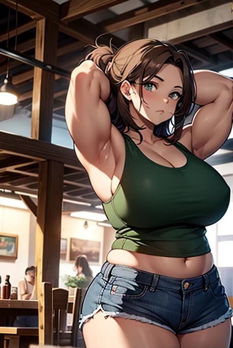 Masterpiece, 1girl, (muscular arms), defined arms, dark tan, light brown hair, green eyes,tank top, tactel shorts, Mexican restaurant, a girl with masculine hair and muscular arms wearing a tank top and tactile shorts, short stack, milf, Hispanic, wide hips, thick thighs, mom bod, milf bod, showing off abs, plump legs, plump breasts,