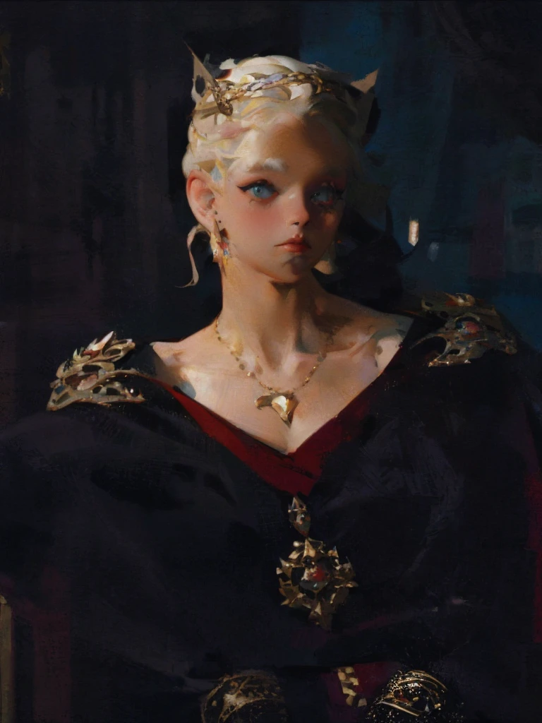 Beautiful albino woman with detailed braided medieval hairstyle (updo) (white hair), wearing detailed medieval gown (red and black colours), with gold accessories and gold tiara, medieval queen, medieval woman,queen,game of thrones style,daenerys targaryen style, high quality, very detailed,hd quality, masterpiece 