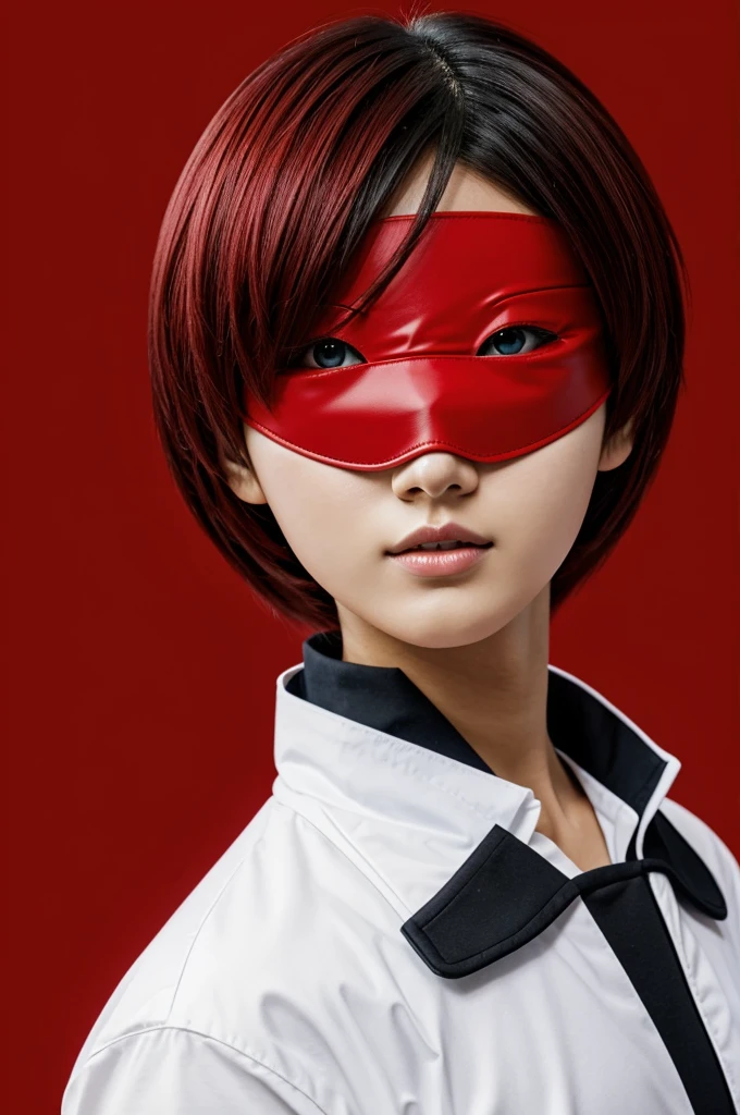 An anime character wearing a red blind fold with a red background 