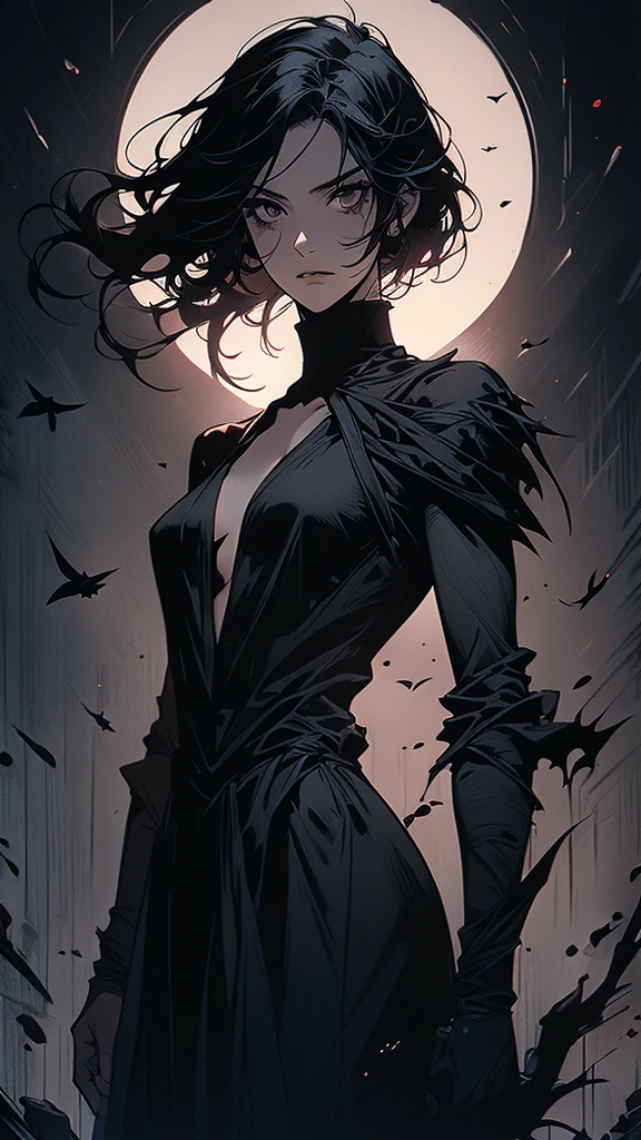 masterpiece,best quality,ultra-detailed,2girl,solo,crow,upper body,dark style,black hair,black clothes,standing,horror theme, nude