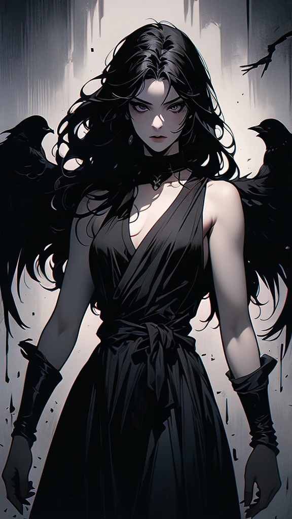masterpiece,best quality,ultra-detailed,2girl,solo,crow,upper body,dark style,black hair,black clothes,standing,horror theme, nude