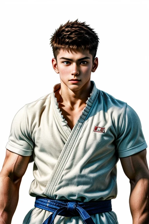 a highly detailed realistic image of a handsome and strong white anime boy of  with a strong athletic body, judo outfit,