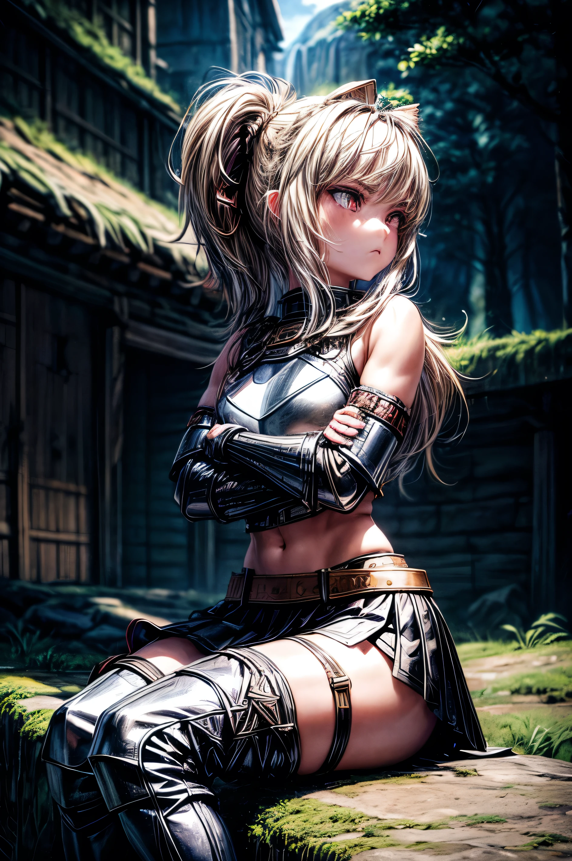 a girl, wearing armor, shoulder armor, mitts, blonde, long and tangled hair, crossed arms, sitting on a rock, leather mini skirt, dressed like an Amazon warrior, background medieval village, cat ears on head, angry expression on the face, beautiful athletic body, (big eyes 80s anime style), long thigh-high boots, profile posing