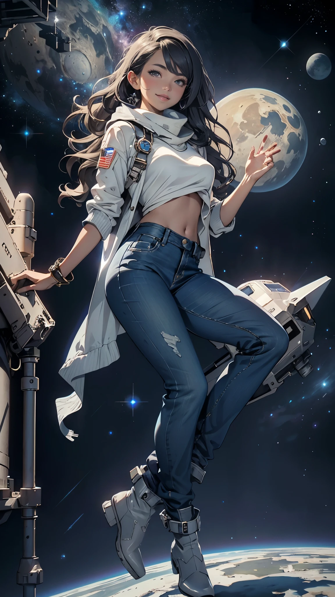 (NSFW), Highest quality, High resolution, Clear image, Concept Art, Night Sky, Enchanting Performer, Moonlit, Girl, Radiant Smile, Wavy Hair, Captivating Eye, Luscious Lips, Articulate Hand, Dainty Feet, Denim Jeans, Comfortable T-Shirts, Scarf Draped Around Neck, Exceptional Accessory, Space, Spaceship, Astronaut Clad in Spacesuit, Floating in the Milky Way, Beautiful, Whimsical, Dream-like, Relaxed, Sparkling Eye, Lovely, Feet Tucked into Spacesuit Boots, Casual Att