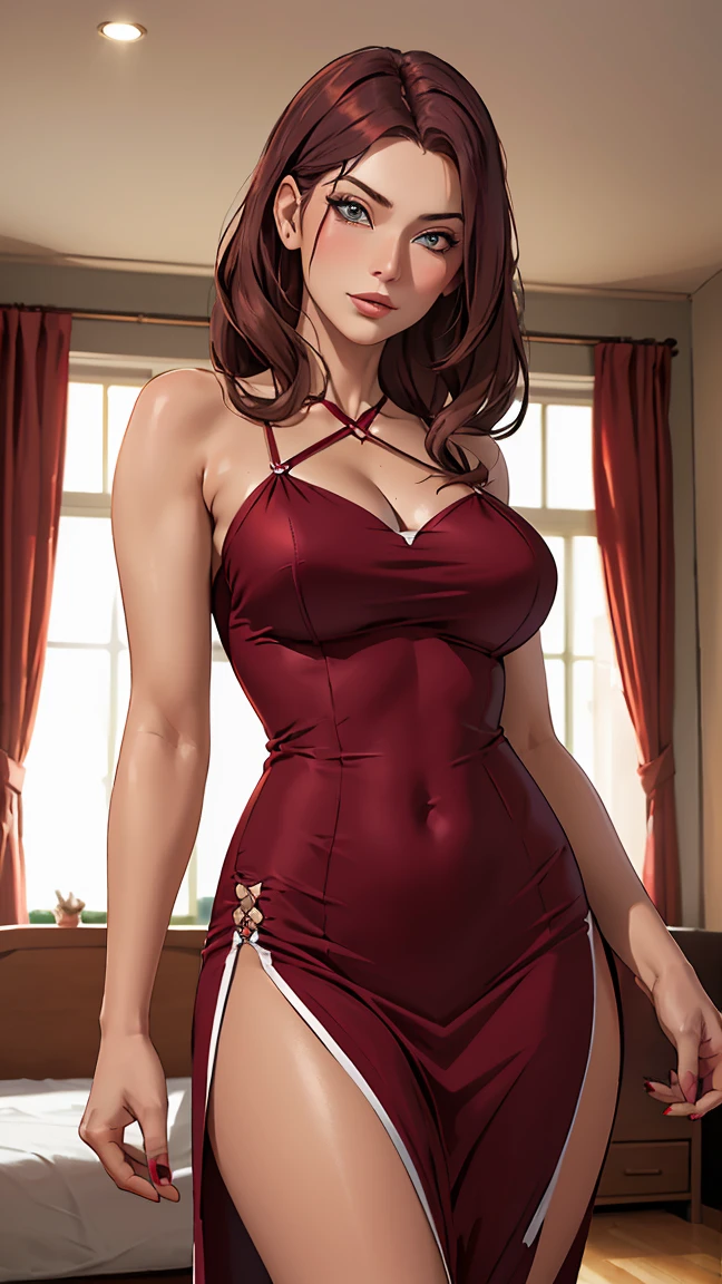(seductive expression) (huge tits)(nipples showing) (woman wearing a burgundy dress) (woman with long dark hair) (turning slightly to the left) (posing seductively) (soft light) (flirtatious expression) (red manicure) (delicate details) (photographic style) (tanned skin) (bright and modern room) (touch of shine on the face) (pink strap on the neck) (sexy conjuration)
