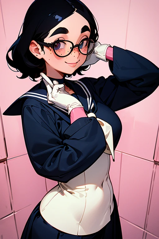 A freckled girl with glasses and black hair in a navy blue long-sleeved sailor uniform smiling while wearing large pink rubber gloves in the school bathroom Thick eyebrows Long Skirt