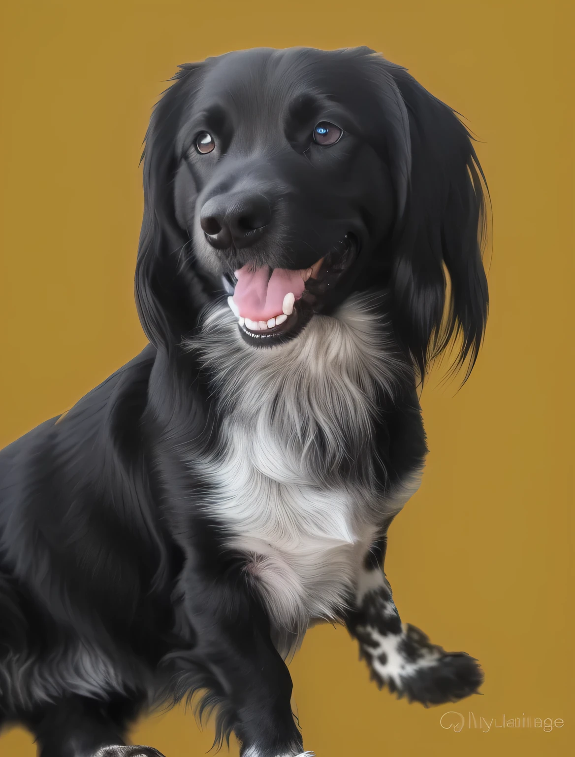 a very cute dog, vivid colors, hight contrast, vivid black color, she is very happy, her look is very happy and bright, she is smiling, the image is very detailed