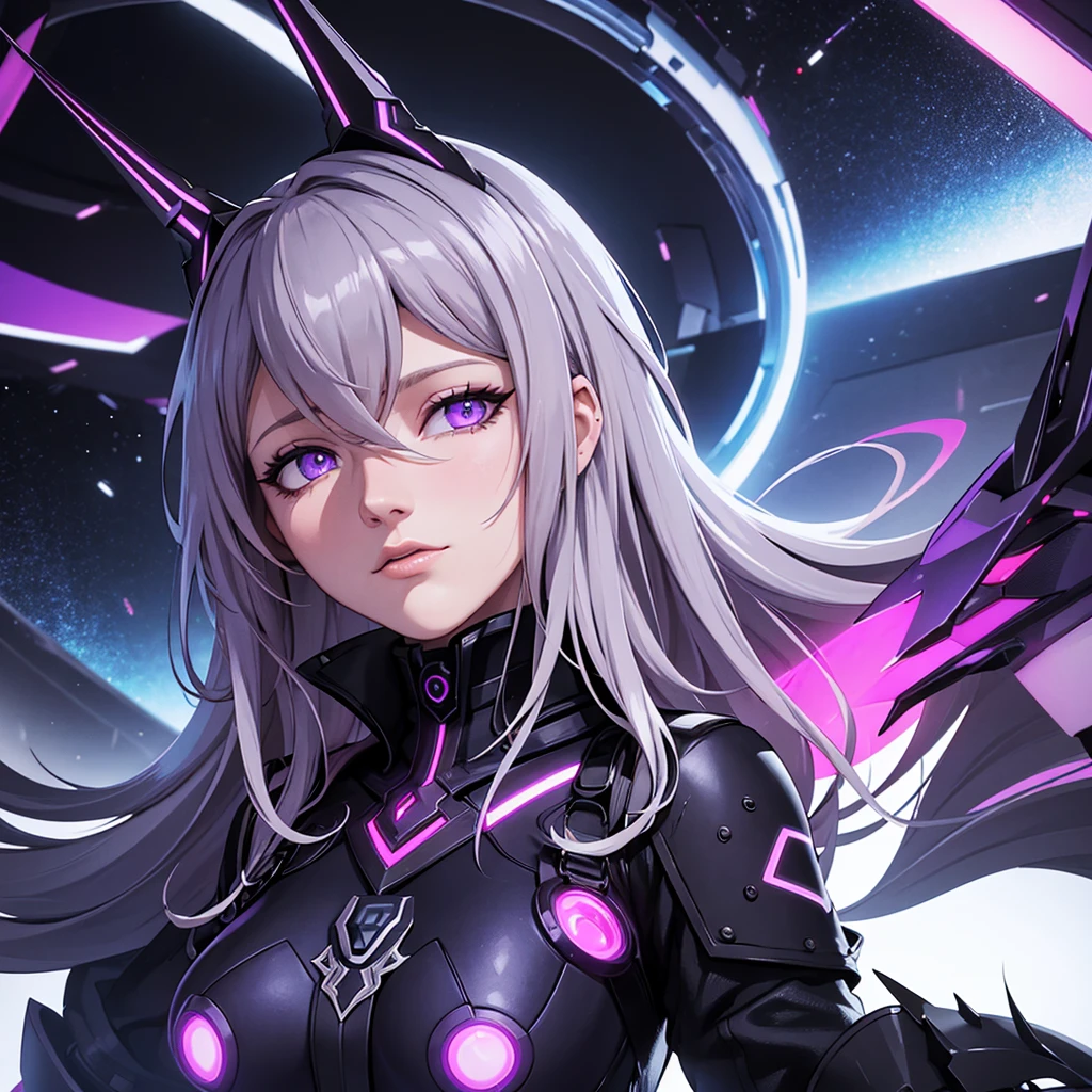 "Create an image of Dark Nexus Valentina (with model reference of blake lively actress) from Mobile Legends: Bang Bang. She should be portrayed in her futuristic attire featuring shades of deep purple and black with intricate, cyberpunk patterns. Her eyes should glow with an eerie light. Valentina should be surrounded by an aura of dark energy. The background should be futuristic with swirling shadows and dim, mysterious lights, highlighting her ominous and powerful presence." Stylish profile picture, 3d game character artstyle. The model should be in the centre of the picture.