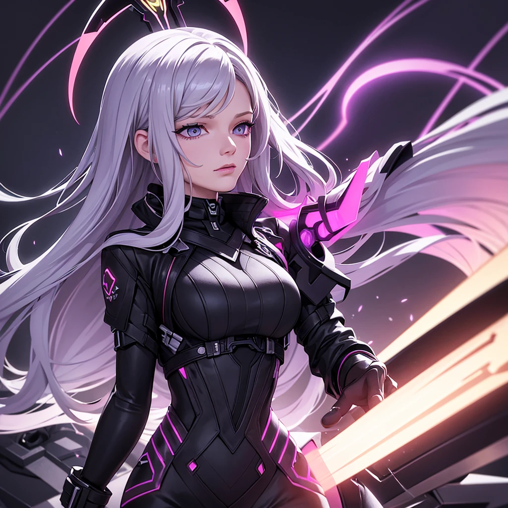 "Create an image of Dark Nexus Valentina (with model reference of blake lively actress) from Mobile Legends: Bang Bang. She should be portrayed in her futuristic attire featuring shades of deep purple and black with intricate, cyberpunk patterns. Her eyes should glow with an eerie light. Valentina should be surrounded by an aura of dark energy. The background should be futuristic with swirling shadows and dim, mysterious lights, highlighting her ominous and powerful presence." Stylish profile picture, 3d game character artstyle. The model should be in the centre of the picture.
