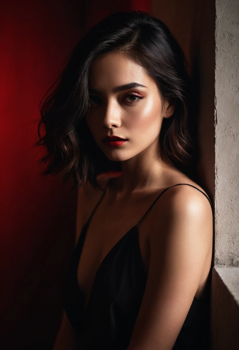 woman bathed in soft light, leaning against a wall, looking into the camera in a moment of raw emotion. Her attire is minimal, accentuating her beauty with the dramatic shadows cast by the lighting. The background is stark, with sharp contrasts highlighting the contours of her form. The red and black palette intensifies the mood, evoking a sense of mystery and allure. Subtle film grain and meticulous shading add depth and texture, emphasizing the emotional gravity of the scene. The lighting creates a chiaroscuro effect, accentuating her expressive pose and the intense atmosphere.