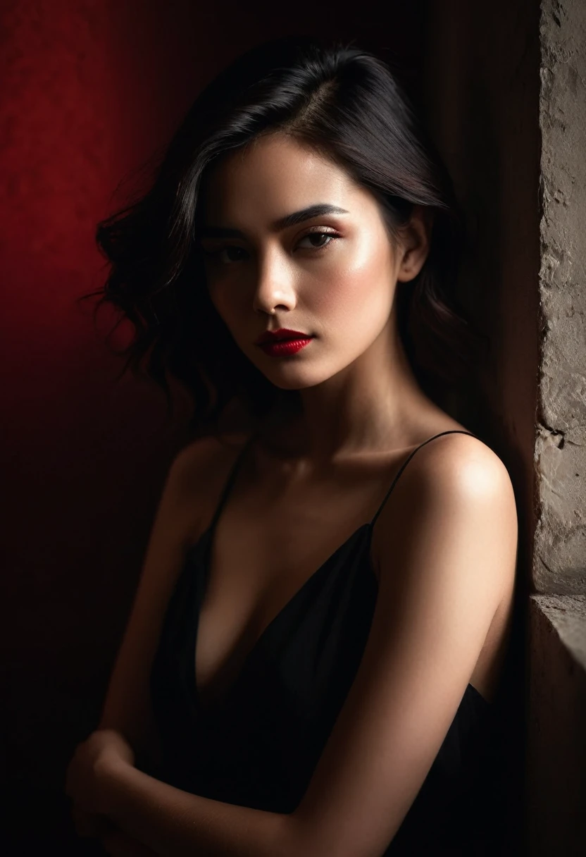 woman bathed in soft light, leaning against a wall, looking into the camera in a moment of raw emotion. Her attire is minimal, accentuating her beauty with the dramatic shadows cast by the lighting. The background is stark, with sharp contrasts highlighting the contours of her form. The red and black palette intensifies the mood, evoking a sense of mystery and allure. Subtle film grain and meticulous shading add depth and texture, emphasizing the emotional gravity of the scene. The lighting creates a chiaroscuro effect, accentuating her expressive pose and the intense atmosphere.