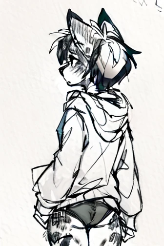 (((Monochrome, sketch, white background))), High quality, 8K, by kenket, by swaybat, by reysi, by Zackary911, by hyattlen, by teranen, by fumiko, by Pixelsketcher, by Bayard Wu, by Einshelm, by Kilinah, by Hioshiru, by fluff-kevlar, by Dimwitdog, Furry, Anthro, solo, ((australian shepard)), ((female)), ((young)), fluffy tail, slender, ((short white hair)), chest fluff, short, casual, oversized hoodie, panties, thigh gap, behind, rear, backside