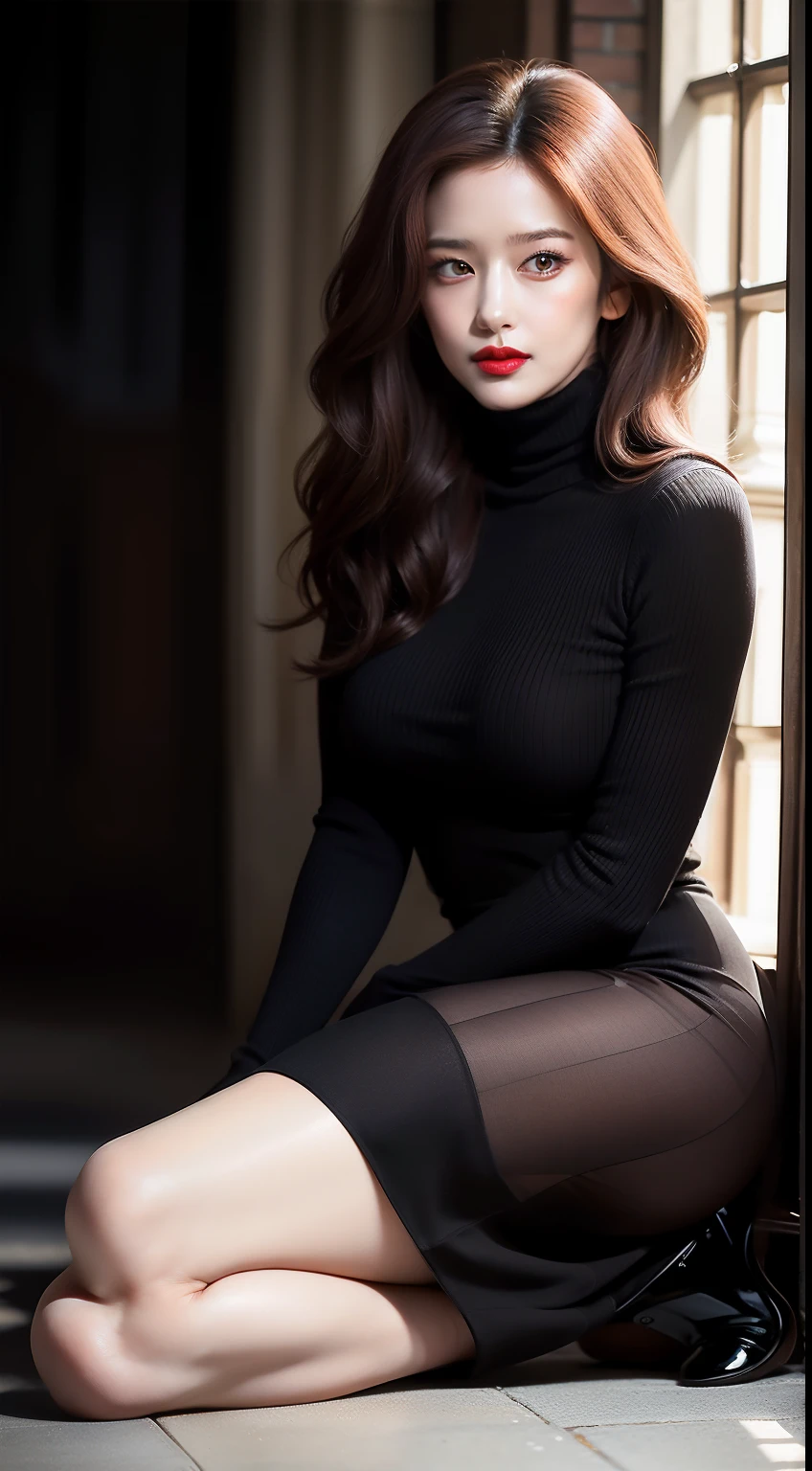beautiful women, mature woman, masterpiece, super detailed, detailed face, beautiful eyes, detailed eyeshadow, lip details, red lipstick, light brown hair, full body, wavy hair, Wearing a black sheath dress, turtleneck, revealing legs, sexy legs