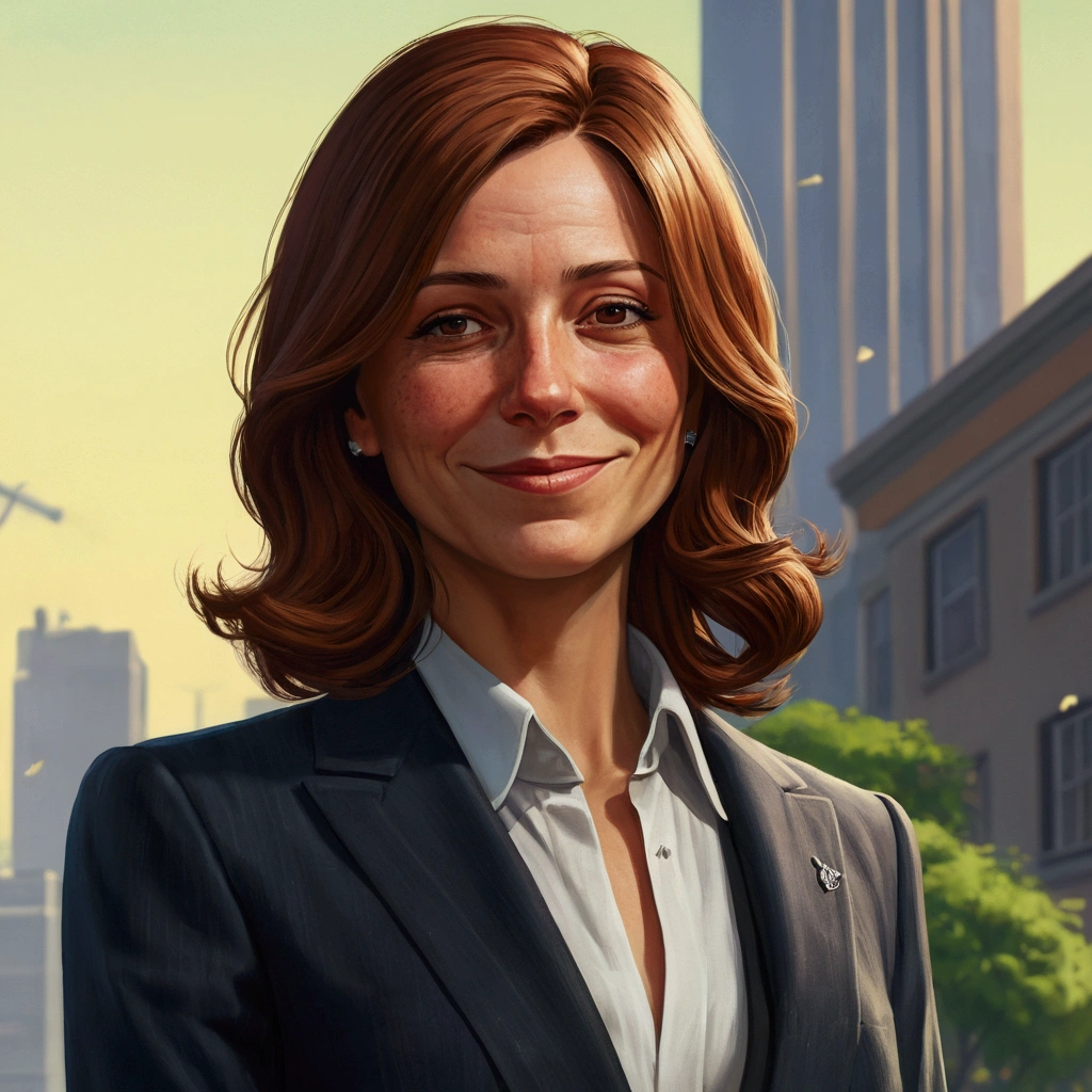 Woman, rico, chestnut hair, 30years, Grieving, full character, illustration, Surrealism, GTAV, millionaire, glad, Suit, happy, ssmile