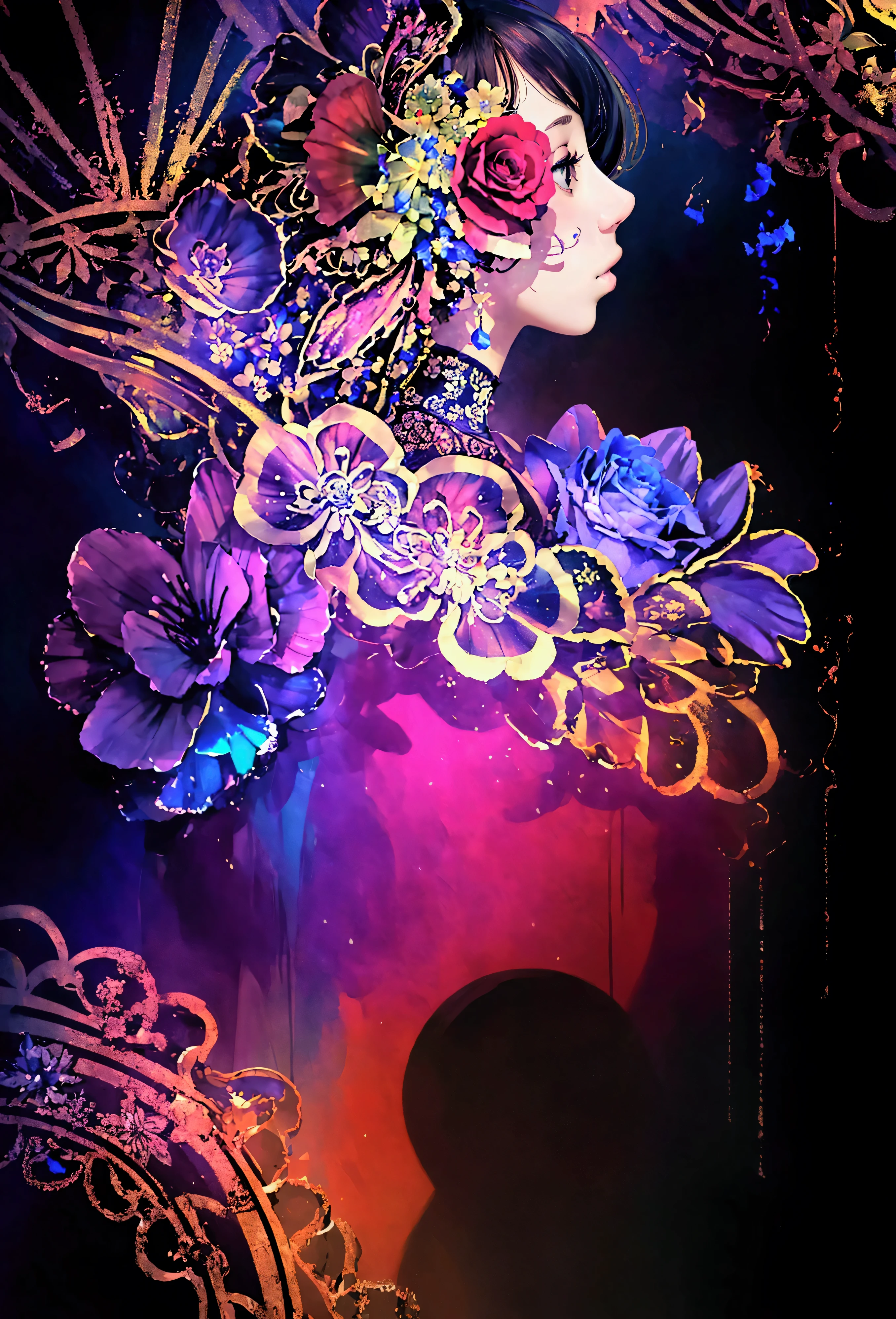 (Very detailed), (masterpiece, Highest quality, Highest quality, Official Art, beautifully、aesthetic:1.2), (One girl:1.3), Very detailed,(colorful:1.1)(Flowers:1.3),Most detailed, (Dynamic pose), (Abstract background:1.3), (Many colors:1.4), Rose garden,
