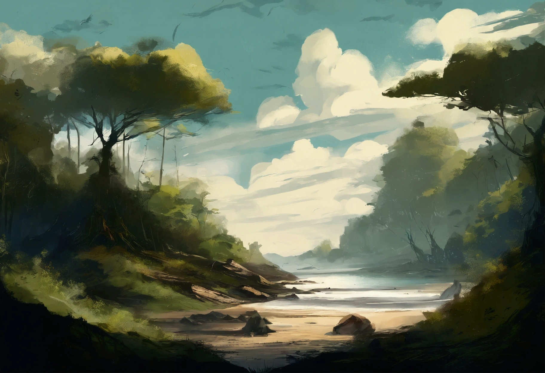 beach, forest, midday, masterpiece, digital art, clouds
