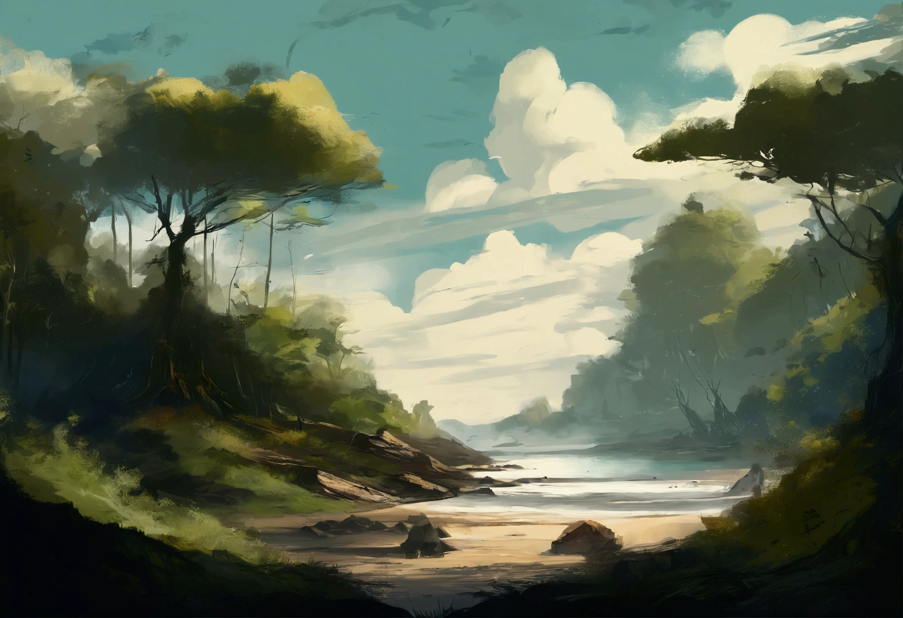 beach, forest, midday, masterpiece, digital art, clouds