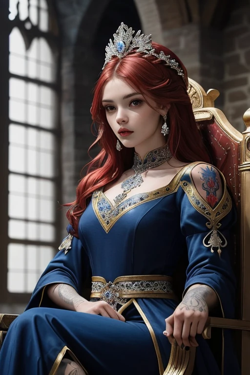 Distant photo of a woman sitting on a throne, details Intricate, Ful body, Visible veins, wires, highy detailed, head, trunk, Breathtaking, sharp focus, Glass art, white and blue and black, details Intricate, terrible, most beautiful form of chaos, Red hair, medieval clothing, tattoo on the leg
