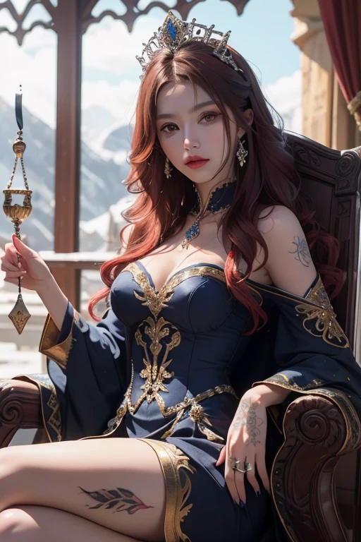 Distant photo of a woman sitting on a throne, details Intricate, Ful body, Visible veins, wires, highy detailed, head, trunk, Breathtaking, sharp focus, Glass art, white and blue and black, details Intricate, terrible, most beautiful form of chaos, Red hair, medieval clothing, tattoo on the leg