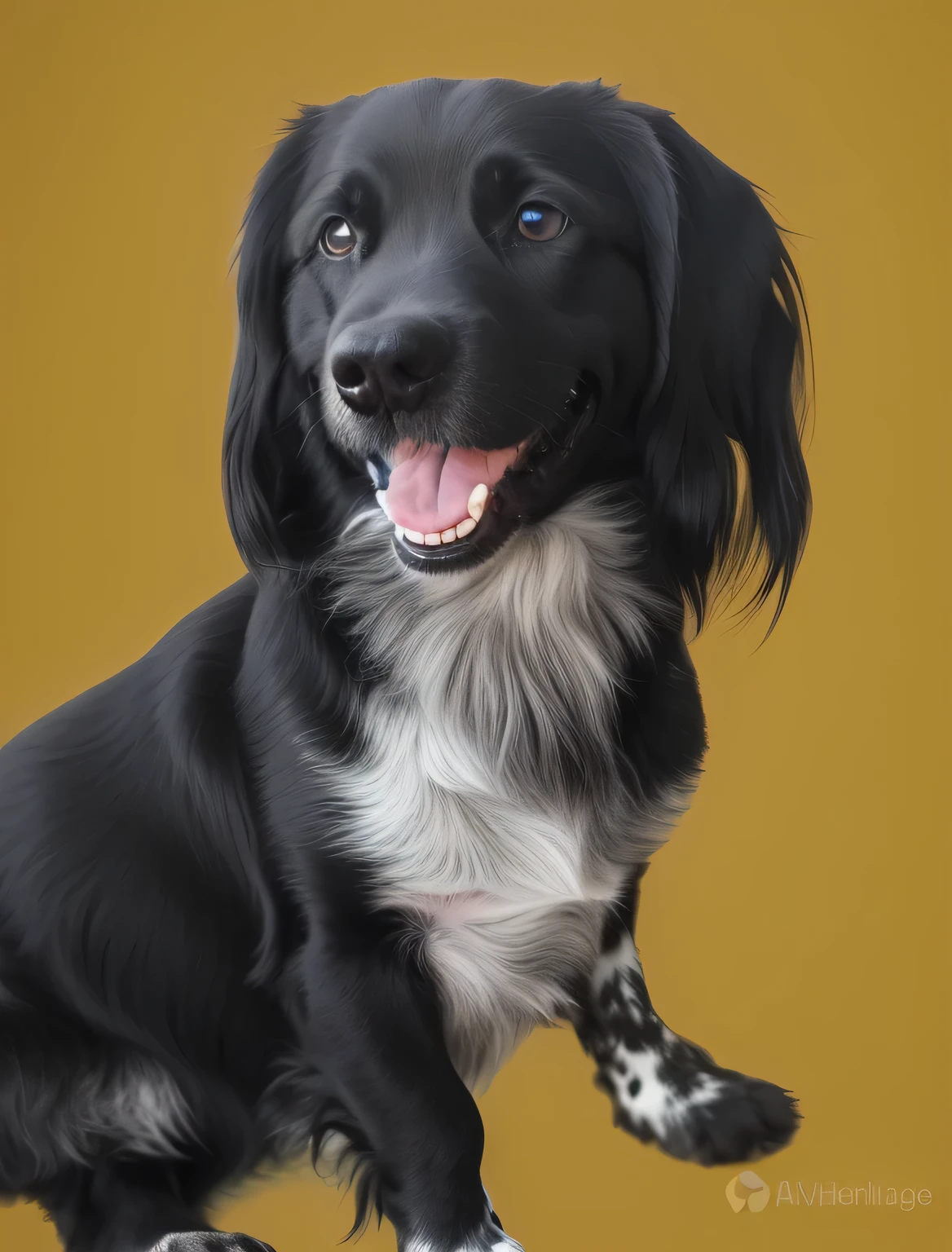 a very cute dog, vivid colors, hight contrast, vivid black color, she is very happy, her look is very happy and bright, she is smiling, the image is very detailed