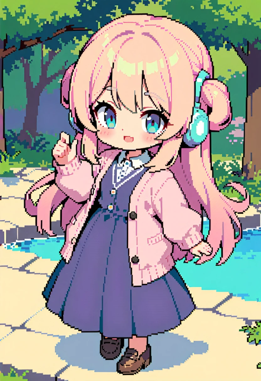 masterpiece, Highest quality, 8k, Pixel art, Pixel art, Vivid, woman, 若いwoman, smile, cute, Directed at an angle, Open your mouth, Fluffy hair, Long Hair, sheepの毛のような髪, Pink Hair, eyebrow, 太いeyebrow, one piece, Pink clothes, Long skirt, Spread your wings, cardigan, 水色のcardigan, shoes, 茶色いshoes, grassland, ((sheep, もこもこのsheep, 大きいsheep, sheepの背に女の子が乗っている)), sheepの群れ