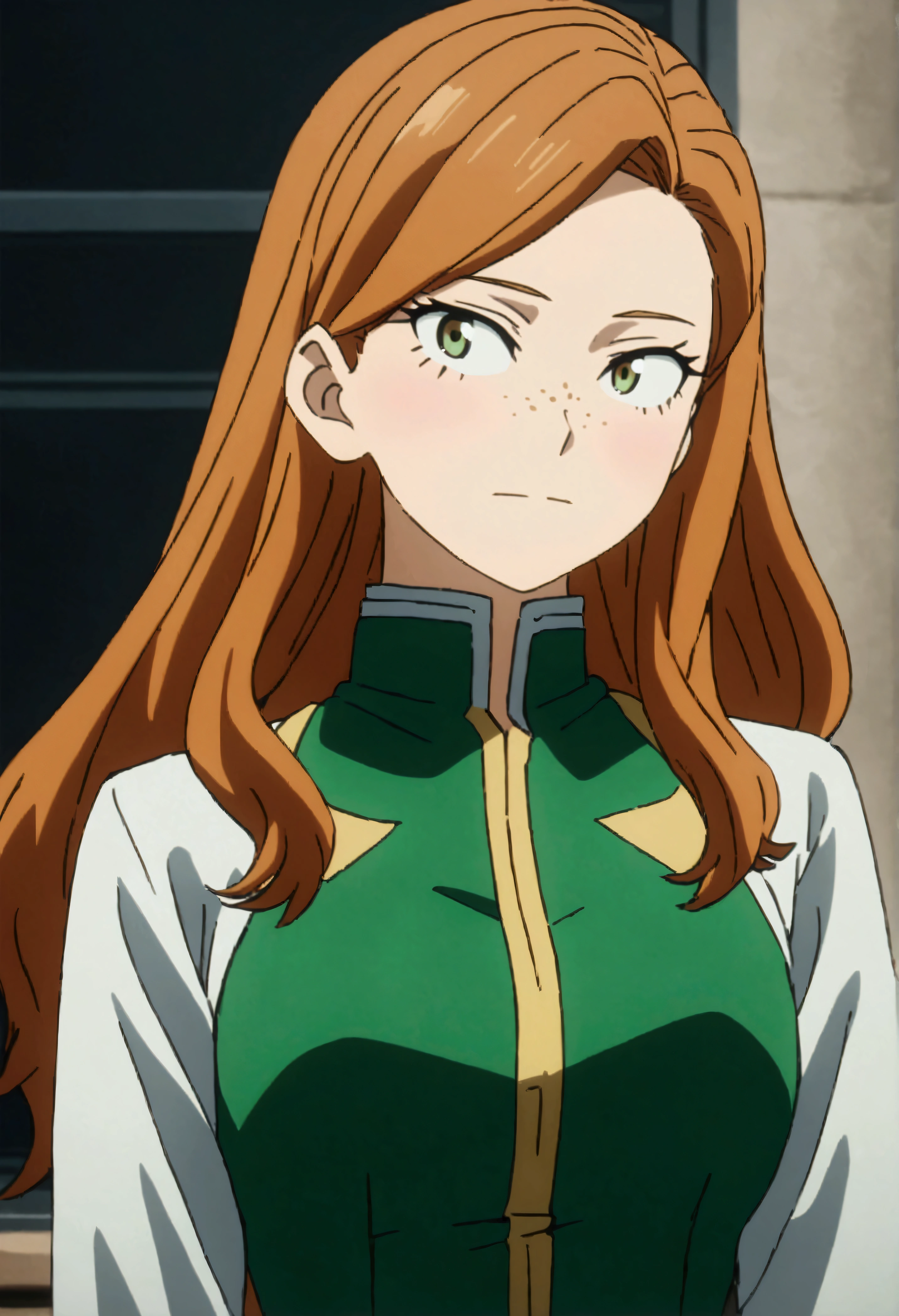 She is a 15 year old teenager, she has slightly disheveled long ginger hair, light brown eyes, with some freckles on the nose area  , fit body , anime art slyle my hero academy , , sexy face , she is dressed in the anime female uniform "my hero academia", , 8k, high quality, masterpiece, , cinematic, vivid colors, shining green eyes