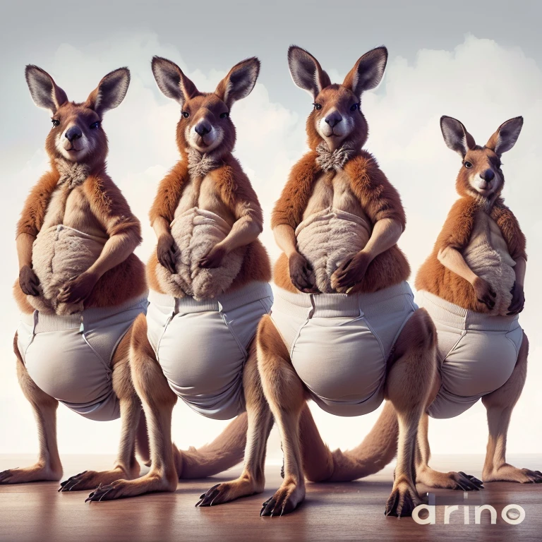 three kangaroos in diapers standing on a wooden surface, kangaroos, creative photo manipulation, funny illustration, photo manipulation, digital art animal photo, photo - manipulation, surreal hybrid animals, subject: kangaroo, subject : kangaroo, kangaroo, clones, illustration”, underwear ad, highly realistic photo, funny weird illustration, by Adam Marczyński, spy kangaroo