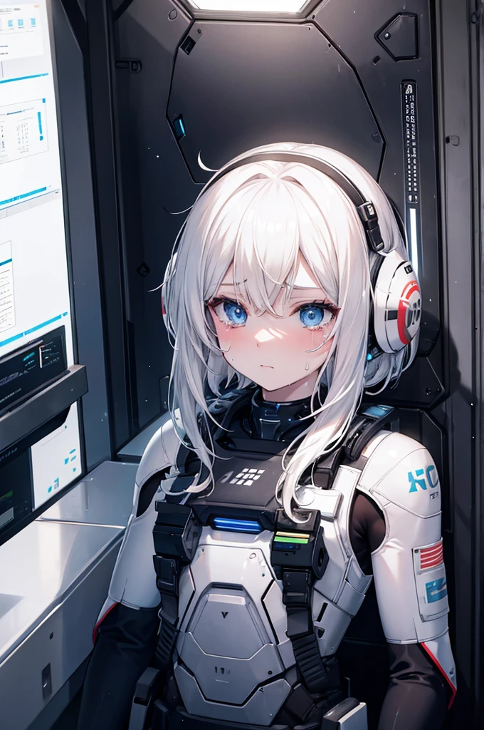 white skin, sad tears, sweat, android, operator suit, cockpit, perfect anatomy, cg, girl, solo, teenage