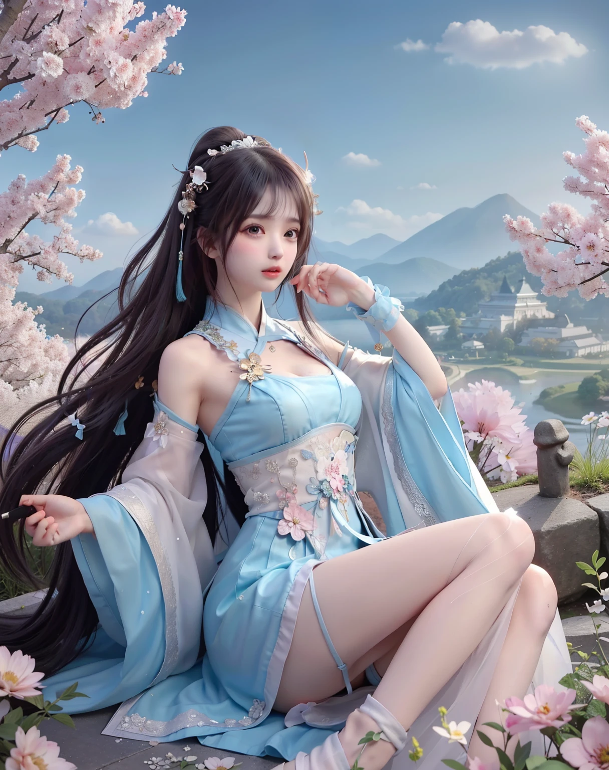 (8k, RAW photo:1.2), best quality, ultra high res,dramatic angle,(fluttered detailed color splashs), (illustration),(((1 girl))),(long hair),(rain:0.9), (Headdress:1.4),There is an ancient palace beside the girl,Hanfu,(Key Points),Color ink painting,(Splash of Color),Splash of Color,(((colorful))),(sketch:0.8) , Masterpiece, best quality, beautiful painted, highly detailed,(denoising:0.6),[splash ink],((ink refraction)), (beautiful detailed sky),moon,highly,detaild,(masterpiece, best quality, extremely detailed） CG Unity 8k Wallpaper，masterpiece，best quality，Ultra Detailed），（Lycoris）. hanfu open v open V-chested clothes Thin silk lace dress , (huge ，cleavage),, white pinkand gren，best qualtiy，tmasterpiece，Ultra-high resolution，（Reality：1.4），RAW photogr，（True skin texture：1.3），（filmgrain：1.3），（Selfie angle），1个Giant Breast Girl，Beautiful eye and face details，tmasterpiece，Best quality at best，，The chest more exposed， detailed hair, bra pink , detail 8k, upper body, lace petticoat