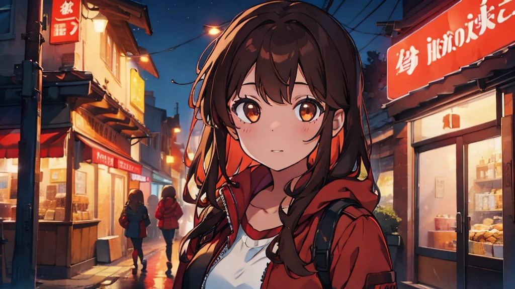 girl at night, brown hair, brown eyes, red jacket