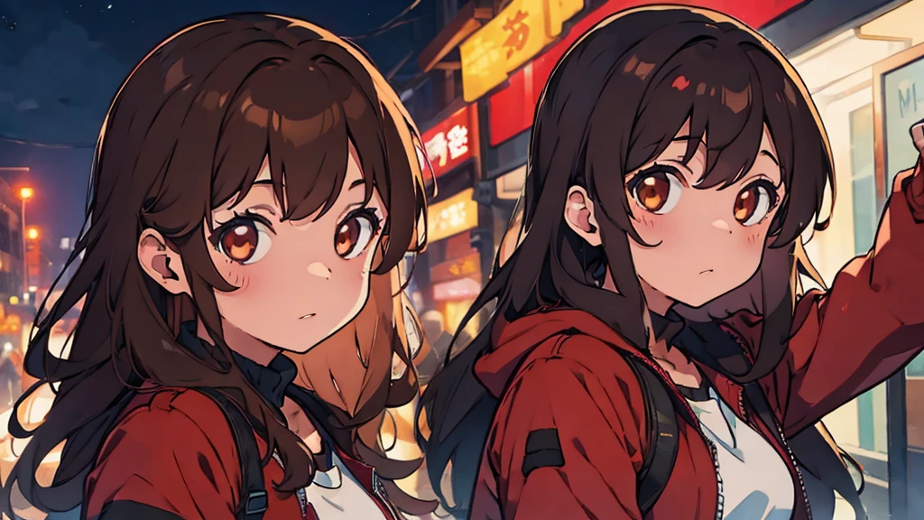 girl at night, brown hair, brown eyes, red jacket