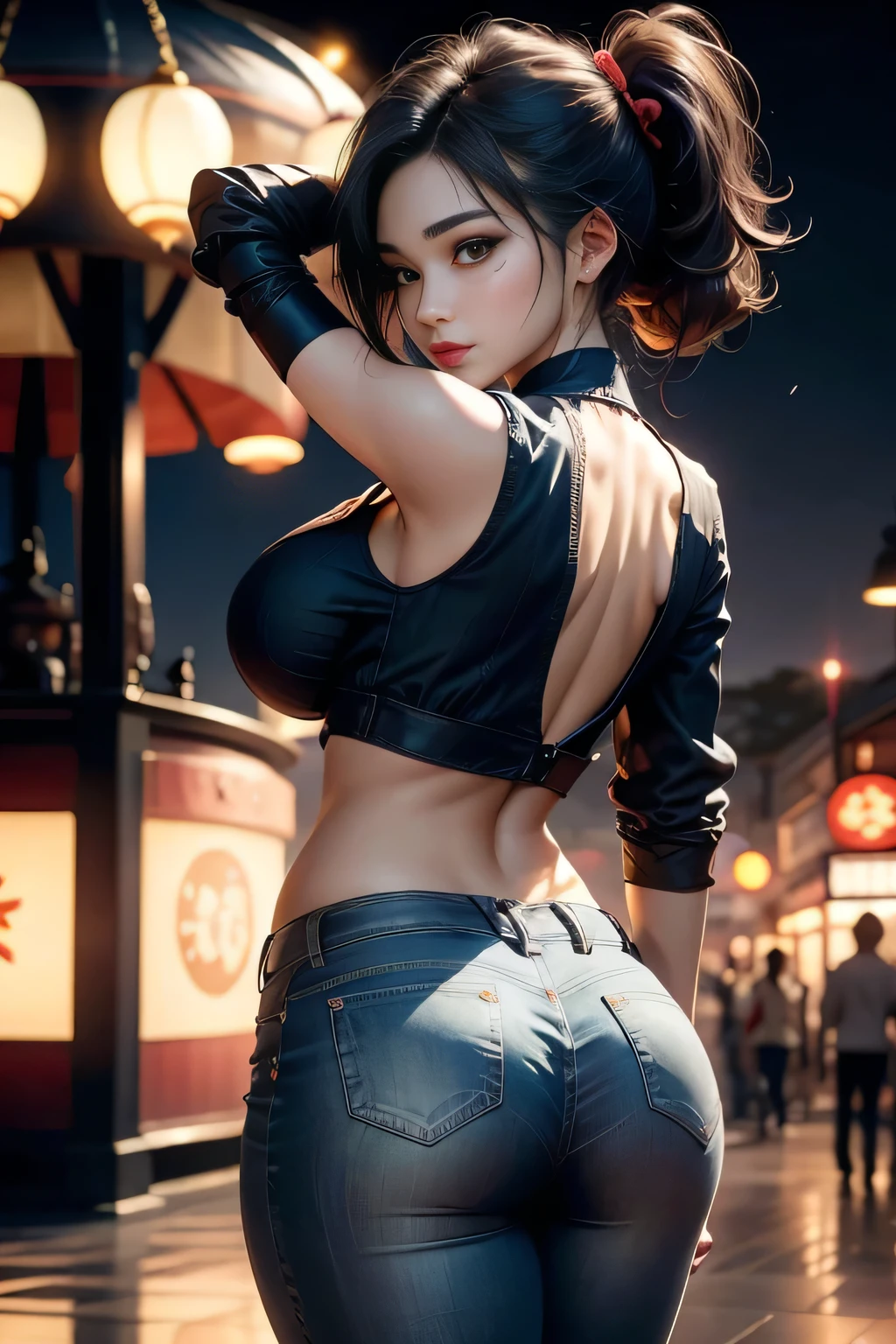 sfw, High resolution, Photo details of beautiful women_Face, Young handsome girl,Realistic:0.5, Perfect Skin, , ((from behind:1.5)), (hyper detailed background, Detailed background), Bokeh, make happy expressions, Happy emotions, Gorgeous,pure, beautiful detailed face and eyes,breasts, (Black eyes:1.1), (Very pretty and beautiful Japan woman), (Sexy Girl), (professional attire:1.3), (22 years old: 1.1), BREAK, (Nice costumes:1.2), (Detailed blue collar shirt:1.2), (Skinny denim pants:1.2), (Leather boots))), cleavage, Beautiful detailed skin, (Cute:1.2), (Black hair), ((JPOP Idol)), (upper thigh:0.6), (depth of fields),Soft light, Lensglow staring at the viewer, (drooping eyes:1.2), Straight teeth,Smile, Floating hair, (Black hair:1.2), Brown eyes break movie scenes, Cinematic, fulcolor, 4K, 8K, 16 K, Raw photo, masutepiece, professionally color graded, Professional Photography, High School Girl, Hair UP, , soft clean focus, Realistic lighting and shading, (an extremely delicate and beautiful art)1.3, Elegant,Active Angle,Dynamism Pose Break (Ponytail:1.3), (shiny black fine hair:1.2), Bangs, dark brown eyes, Beautiful eyes, Princess Eyes, (Big eyes:1.3), Bangs, wears glasses:1.3, hair between eye, Short hair:1.3, (slender:1.1), (medium breasts:0.95), (thin waist: 1.15), (Detailed beautiful girl: 1.4), Parted lips, Red lips, Full makeup face, (Shiny skin), ((Perfect female body)), (Upper body image:1.3), Perfect Anatomy, Perfect proportions, (The faces of the most beautiful Korean actresses:1.3, Very cute and beautiful Japan actress face:1.3), ,(blush:1.1), Gray background, Solo Focus, (bustshot:1.2), Cinematic Light, (Nostalgic night view:1.4), (amusement park:1.4), (merry-go-round、the Ferris wheel、rollercoaster), (Raise your arms behind your head :1.4), (Looking at Viewer:1.2, wearing bra,((skinny waist)), young asian girl, ((big breasted)),