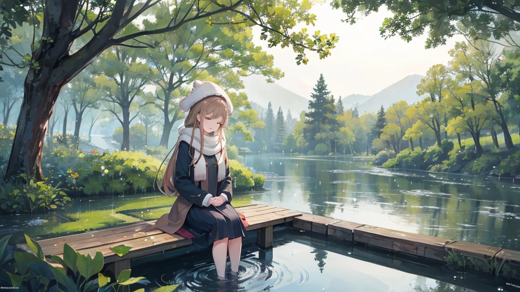 “A peaceful illustration of a young woman with long, chestnut hair, sitting on a wooden bench in a quiet park. She’s wearing a cozy scarf and a warm coat, with a wool hat keeping her head warm. The rain lightly drizzles around her, creating tiny ripples in the puddles on the ground. She holds a closed umbrella in her lap, gazing out over a calm pond surrounded by trees. The soft, overcast sky and the gentle sound of raindrops set a serene and reflective mood.”