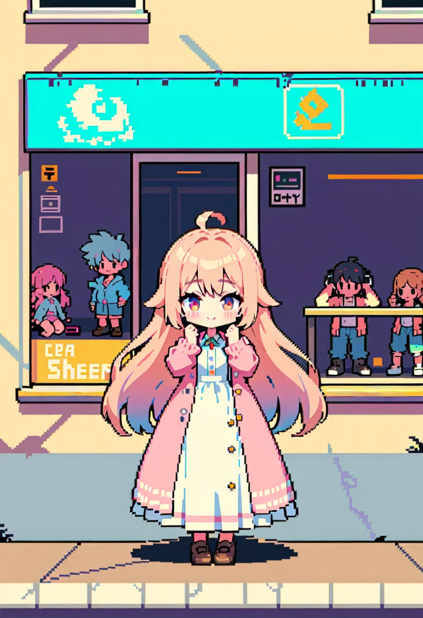 masterpiece, Highest quality, 8k, Pixel art, Pixel art, Vivid, woman, 若いwoman, smile, cute, Directed at an angle, Open your mouth, Fluffy hair, Long Hair, sheepの毛のような髪, Pink Hair, eyebrow, 太いeyebrow, one piece, Pink clothes, Long skirt, Spread your wings, cardigan, 水色のcardigan, shoes, 茶色いshoes, grassland, ((sheep, もこもこのsheep, 大きいsheep, sheepの背に女の子が乗っている)), sheepの群れ