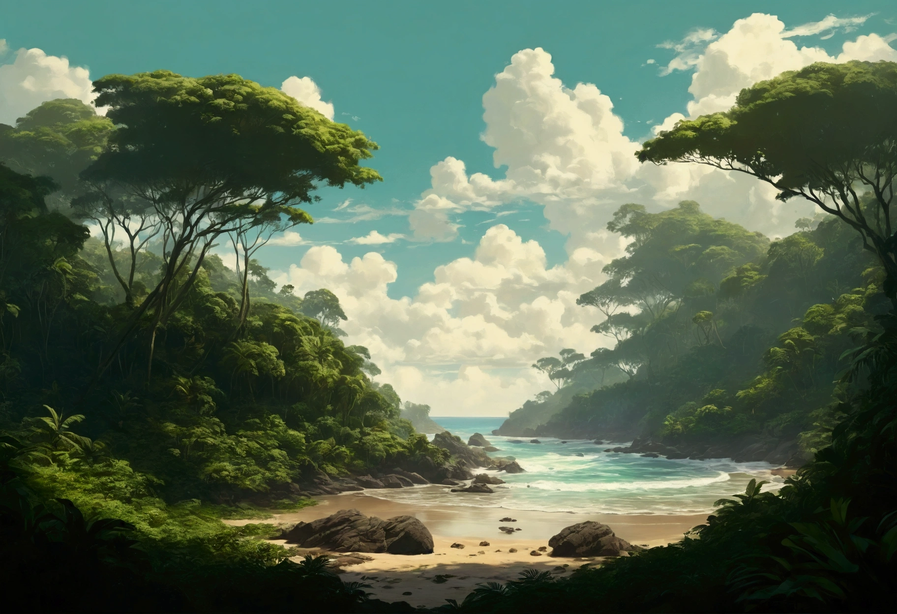 beach, tropical forest, midday, masterpiece, digital art, clouds