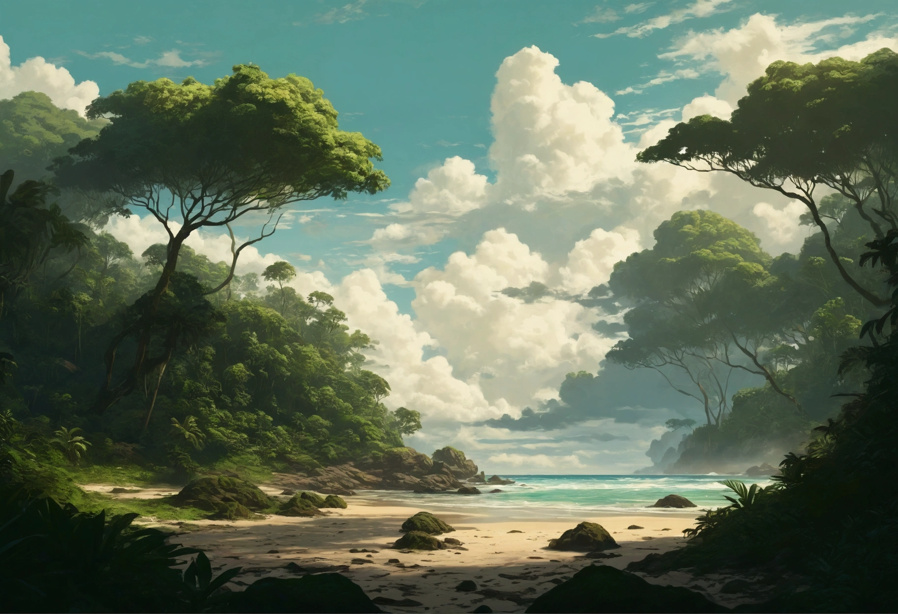 beach, tropical forest, midday, masterpiece, digital art, clouds